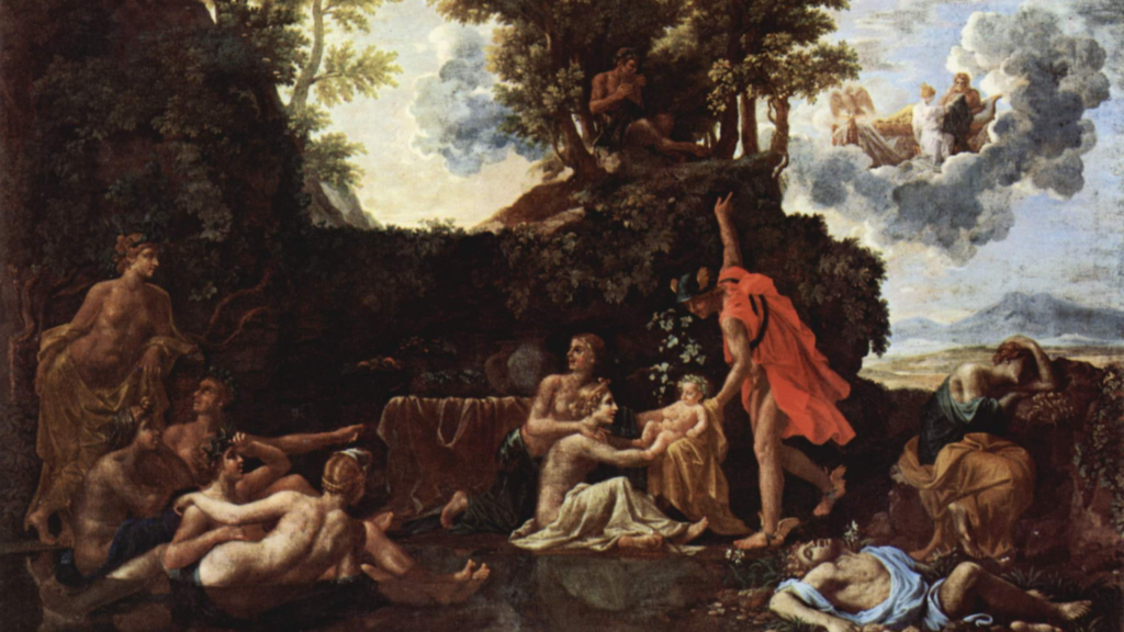 Nicolas Poussin, The Infant Bacchus Entrusted to the Nymphs of Nysa / Death of Echo and Narcissus, public domain, via Wikimedia Commons.