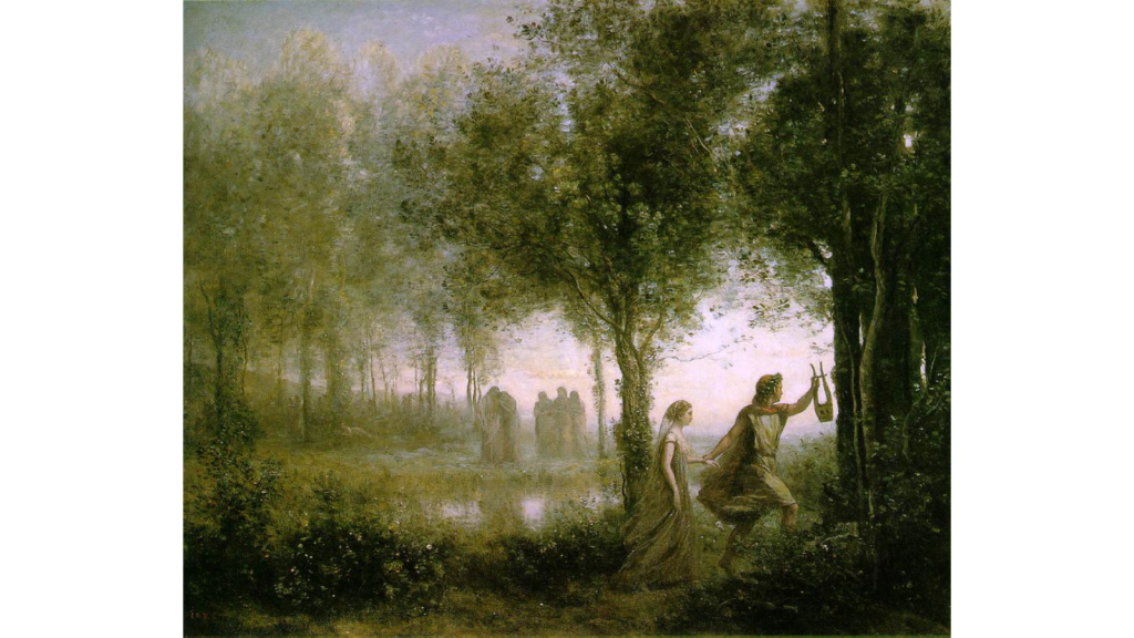 Orpheus Bringing Eurydice from the Underworld (Jean-Baptiste-Camille Corot)  Public Domain / Image: Wikimedia Commons (curid=534402)