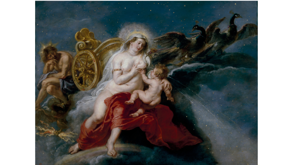 ヘラクレスに授乳するヘラ - 乳が飛び散る瞬間
