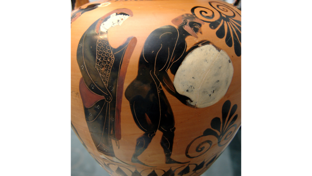 タルタロスで罰せられるシーシュポス。後ろで見張っているのは冥界の女王ペルセポネ