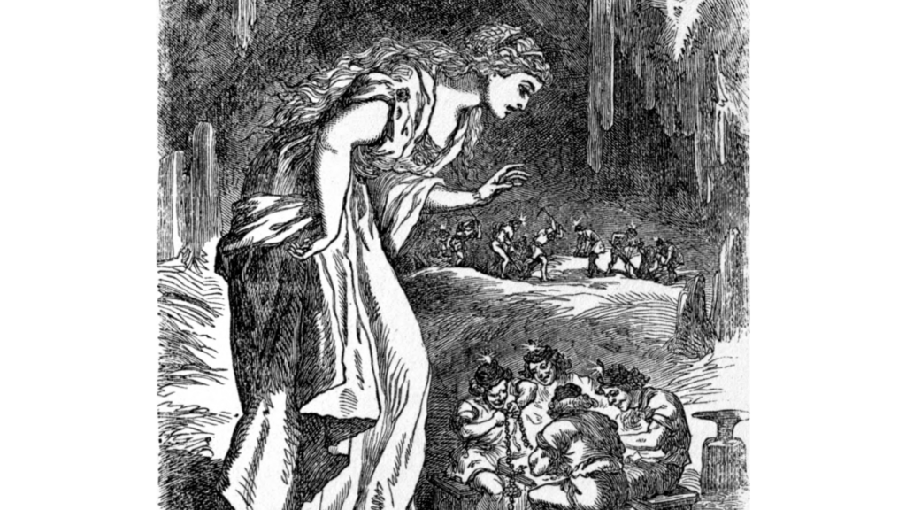 フレイヤが小人の洞窟で首飾りを見つける場面