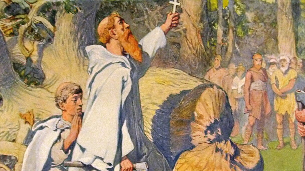 片手に斧を持つウィンフリッド（後の聖ボニファティウス）